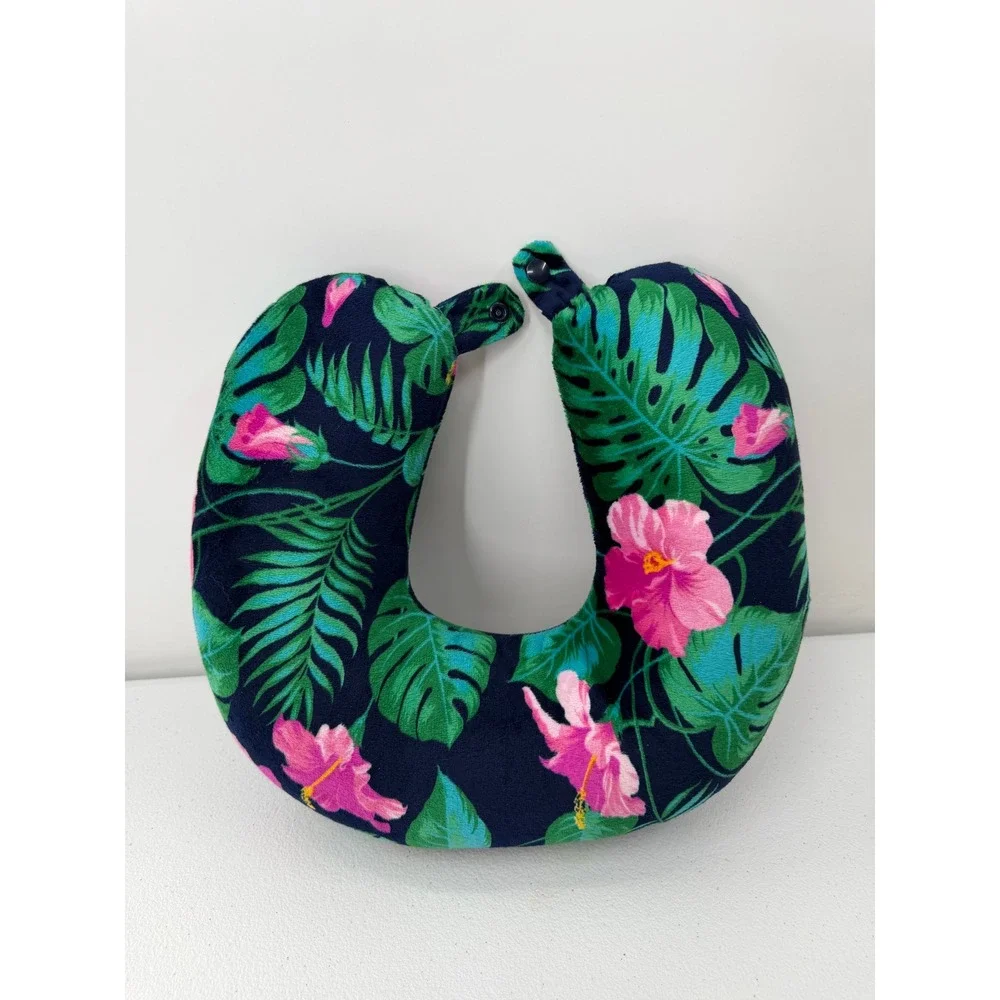 Tropical Floral Travel Neck Pillow Hibiscus Palm Leaf Navy Blue Snap Support OS